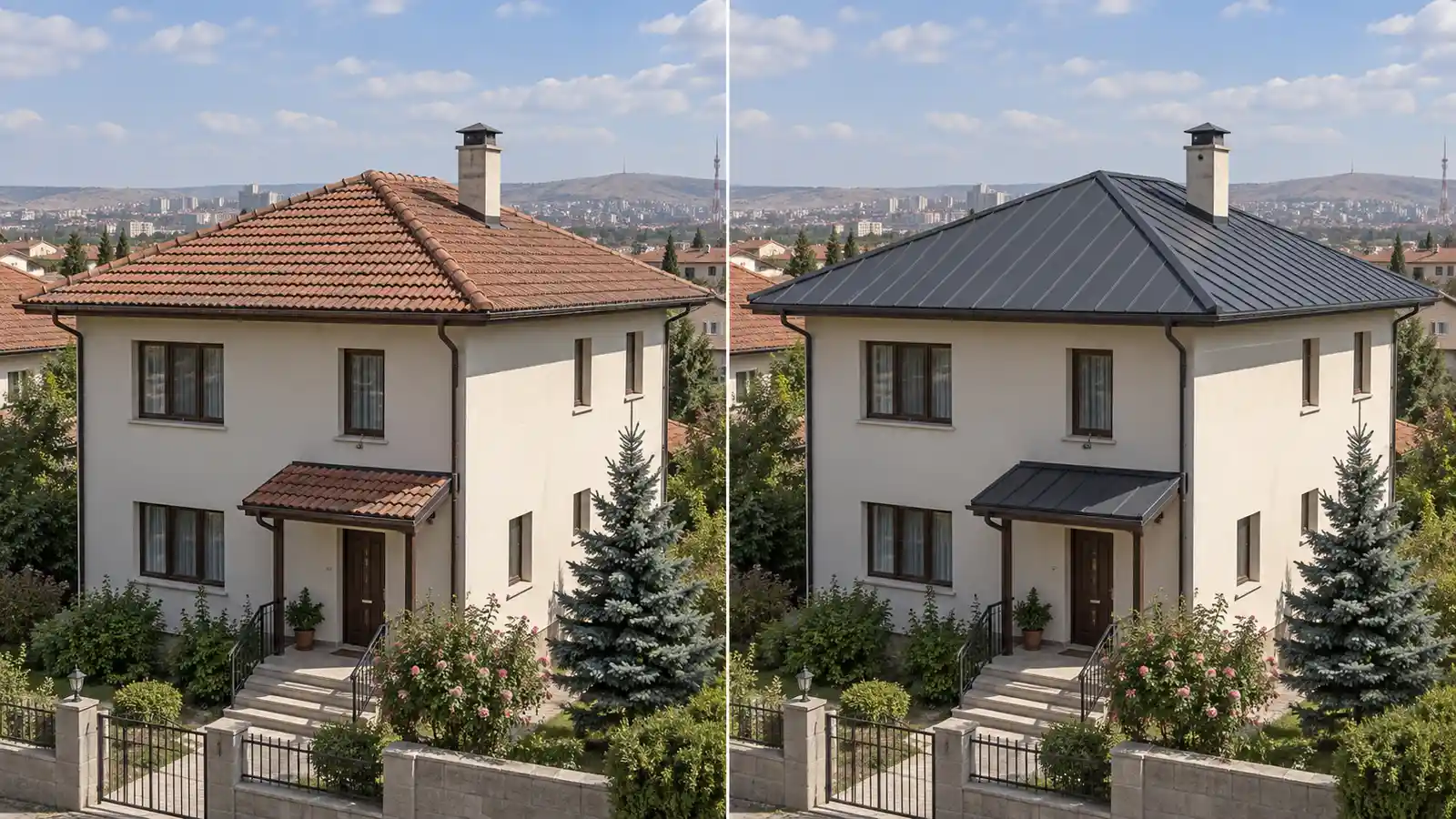 Farklı bir konutun kiremit çatılı ve antrasit kenet çatılı hâllerini gösteren temsili karşılaştırma
